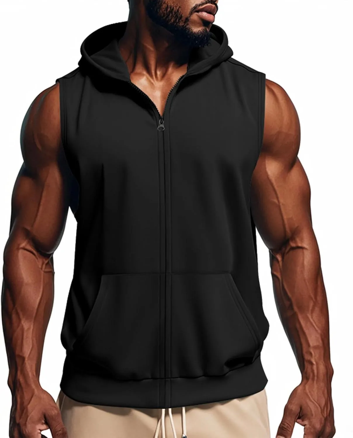 Men's Sleeveless Hoodies Sleeveless Pullover Top with Pocket Gym Mens Muscle Tank Top Shirts Men Sleeveless Zip(Black Light Gray,Medium)