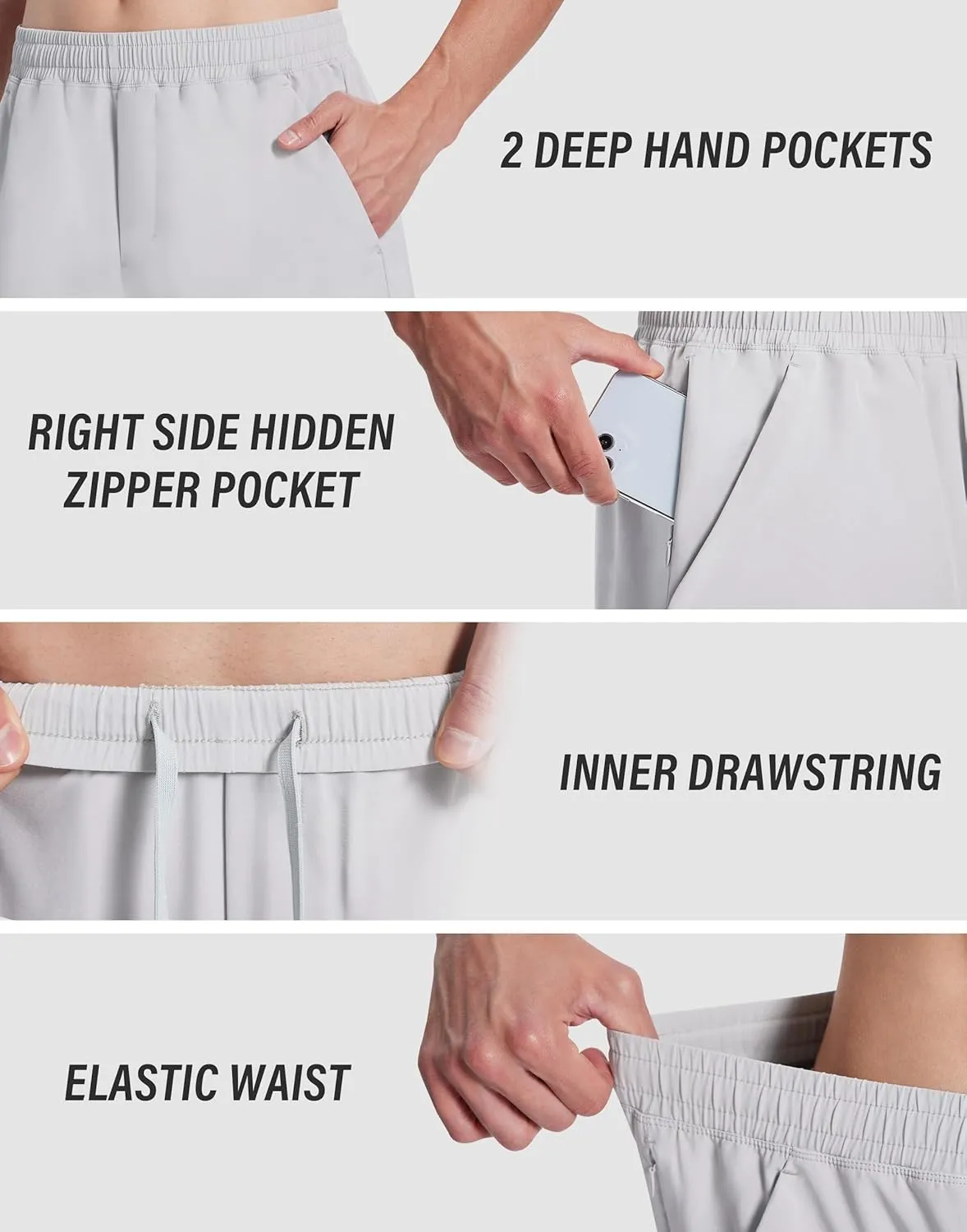 Mens Workout Athletic Shorts 5" with Zipper Pockets Linerless Quick Dry Stretch Lightweight Gym Running Shorts