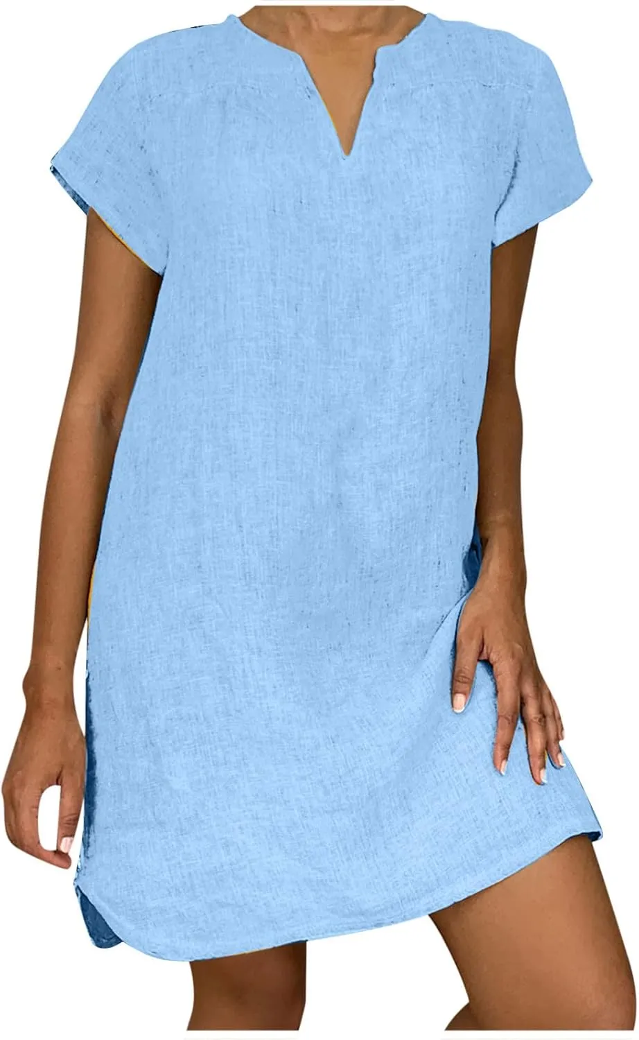 Mini Dresses for Women Summer V Neck Short Sleeve Solid Color Irregular Hem Casual Beach Vacation Shift Dress