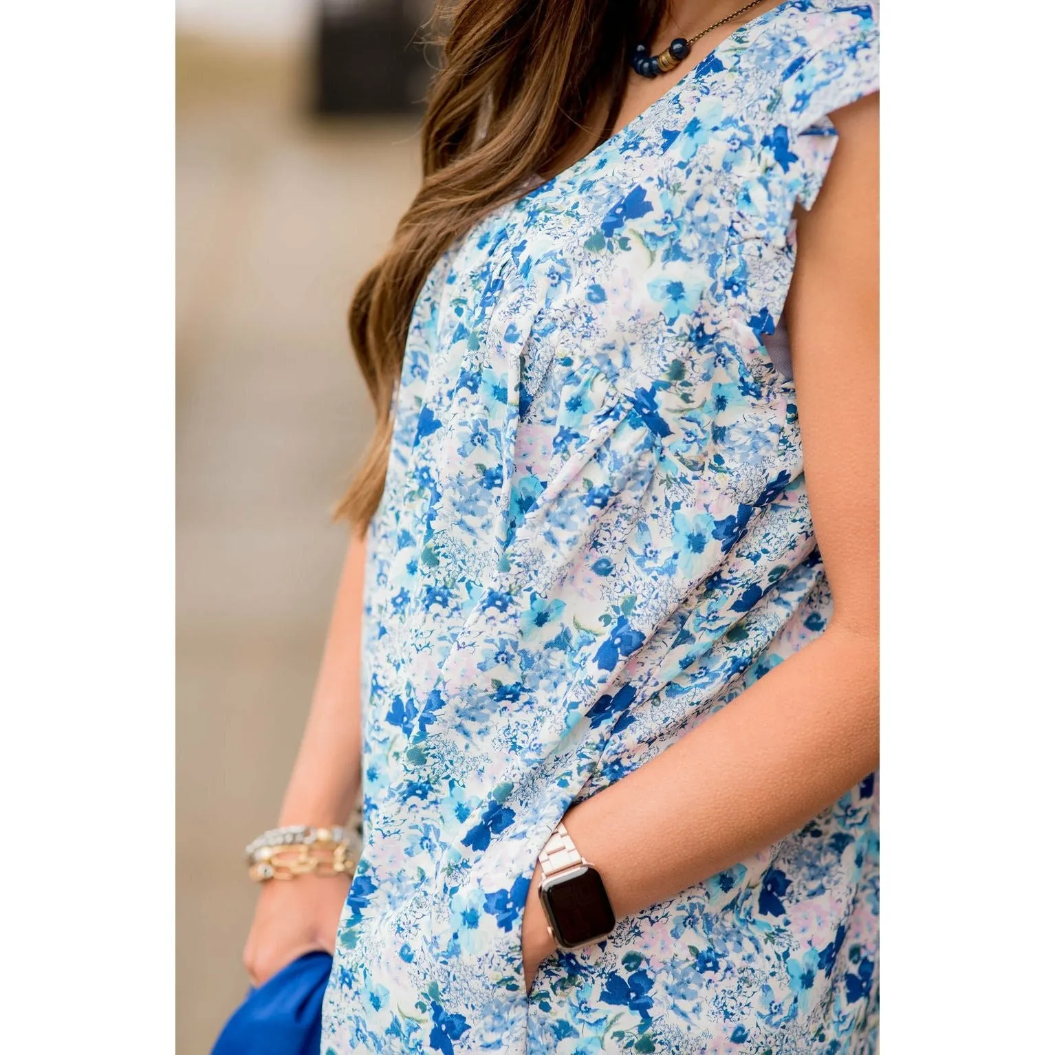 Mixed Sketched Floral Flutter Trim Dress