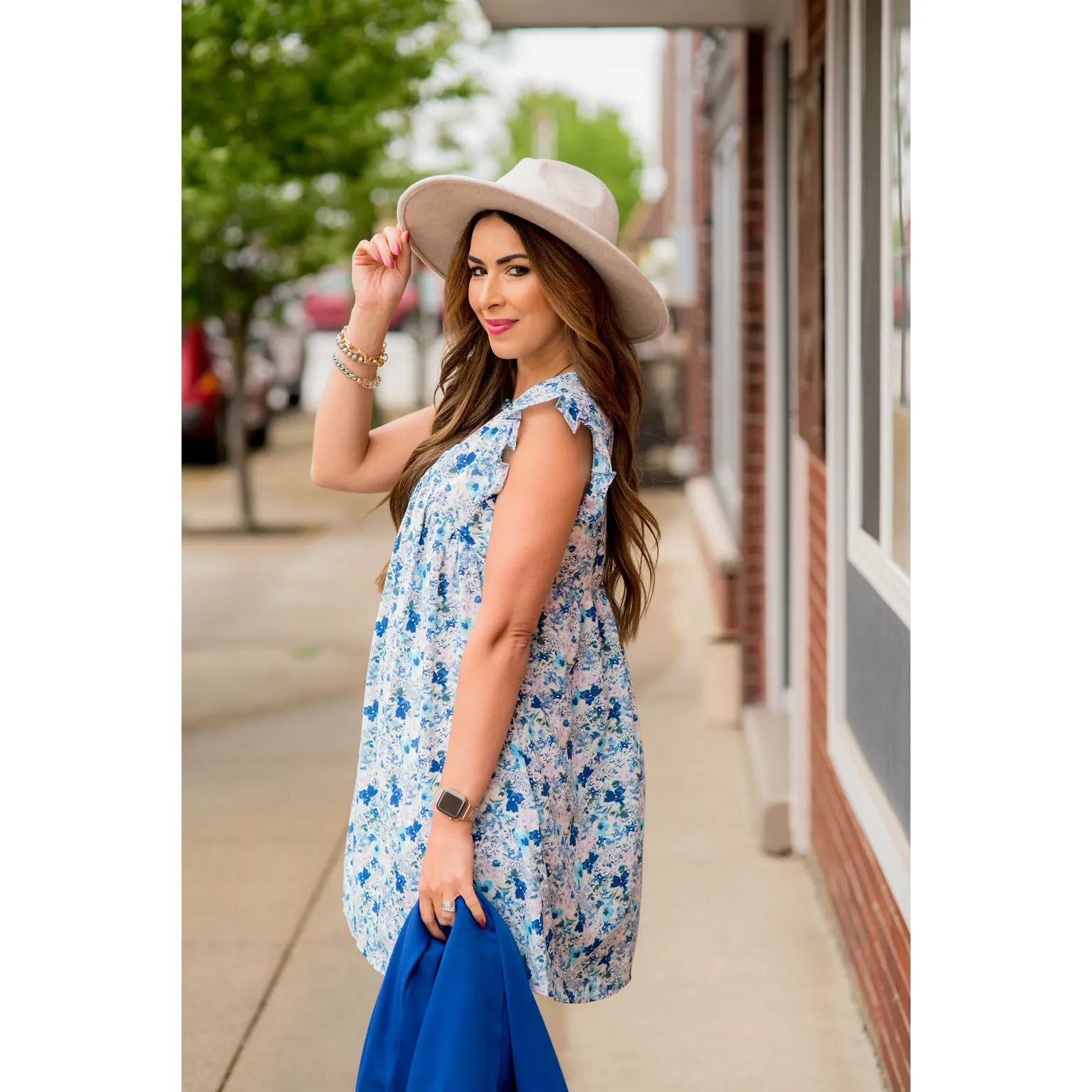 Mixed Sketched Floral Flutter Trim Dress