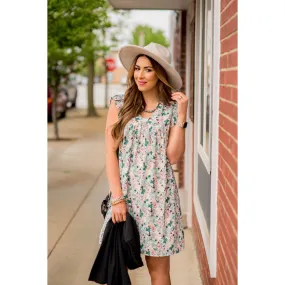 Mixed Sketched Floral Flutter Trim Dress