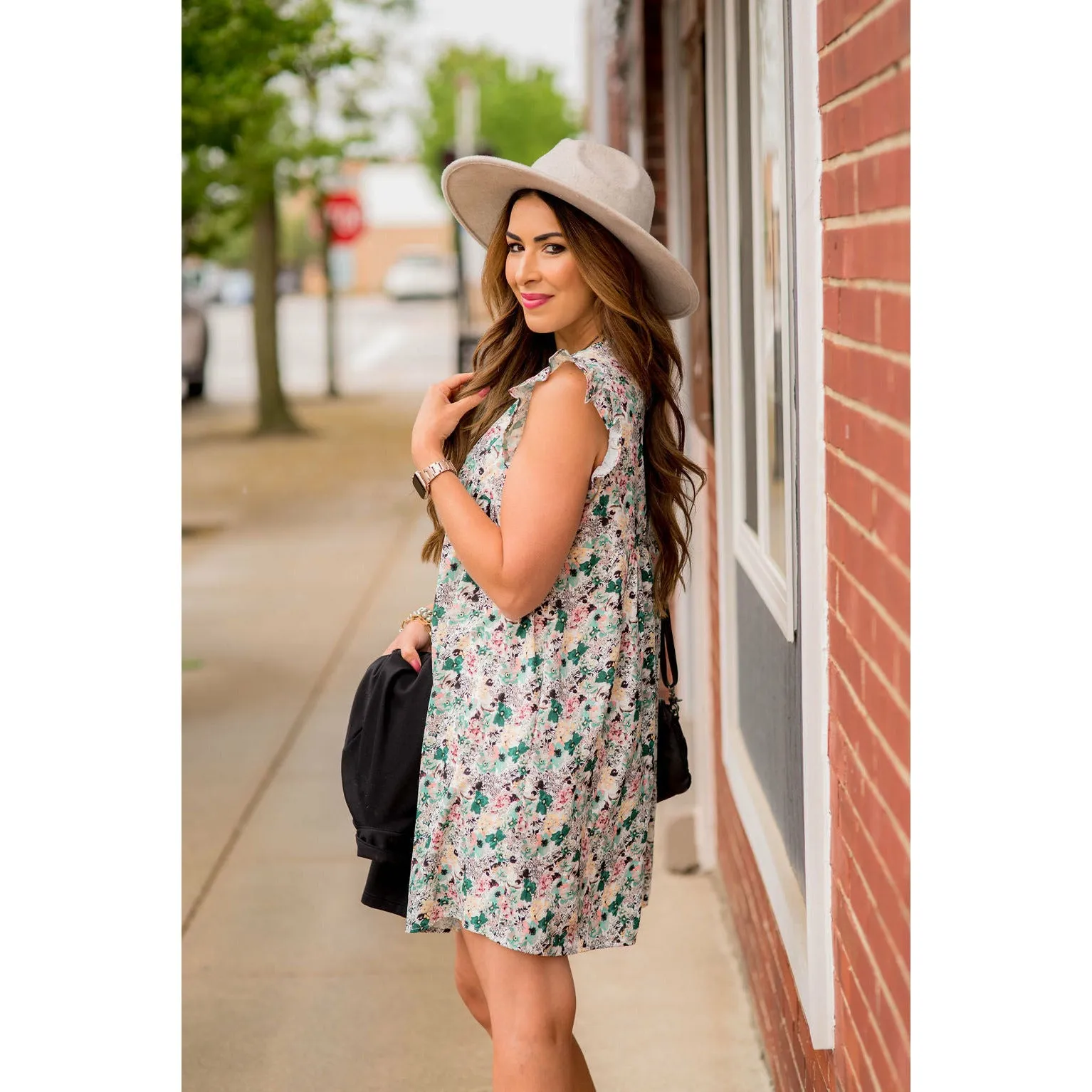 Mixed Sketched Floral Flutter Trim Dress