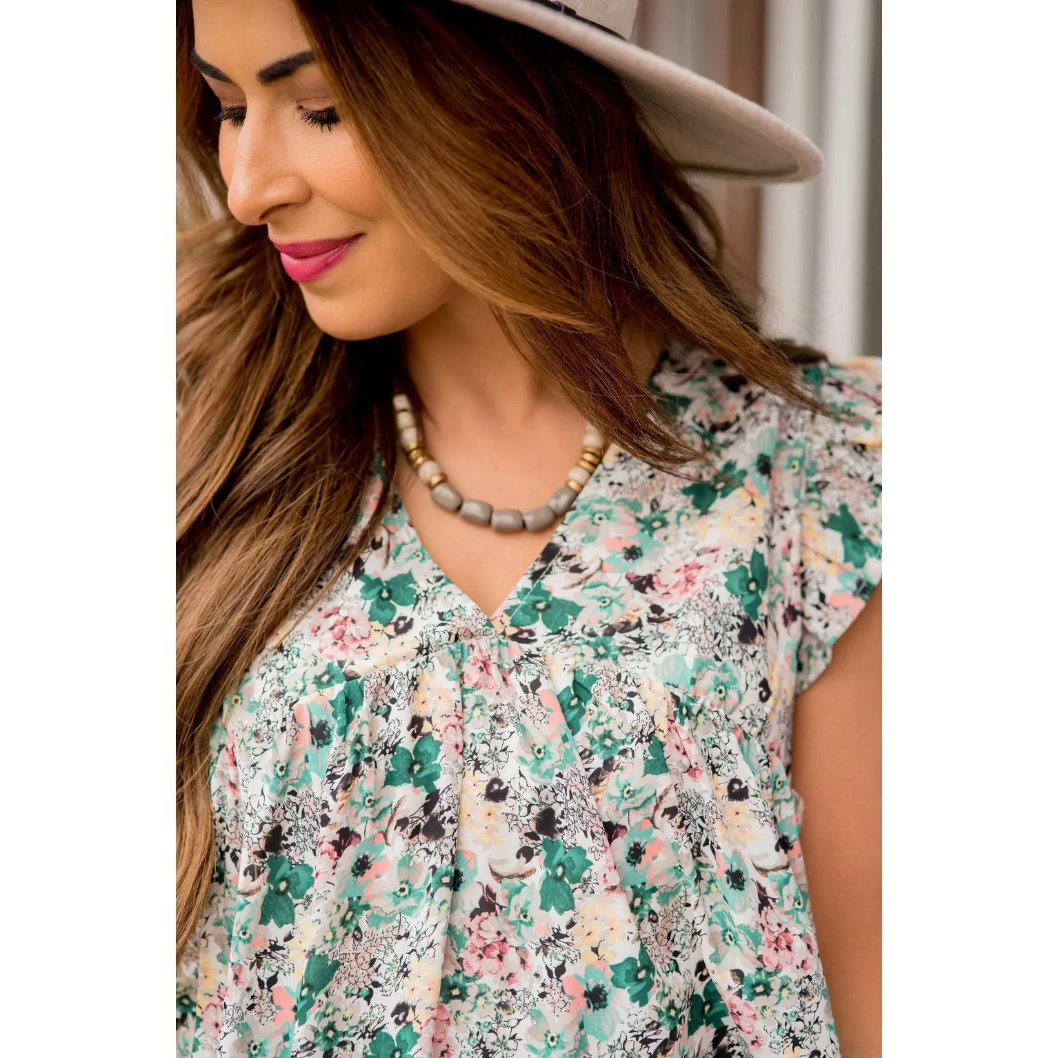 Mixed Sketched Floral Flutter Trim Dress