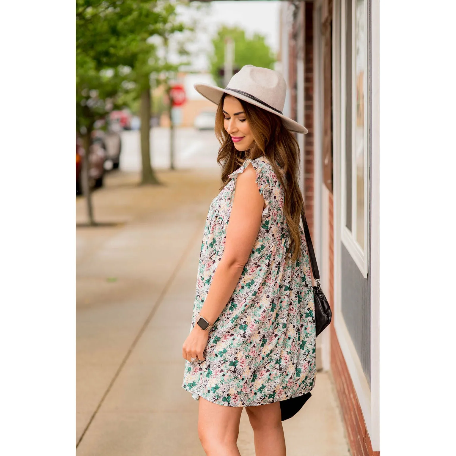 Mixed Sketched Floral Flutter Trim Dress