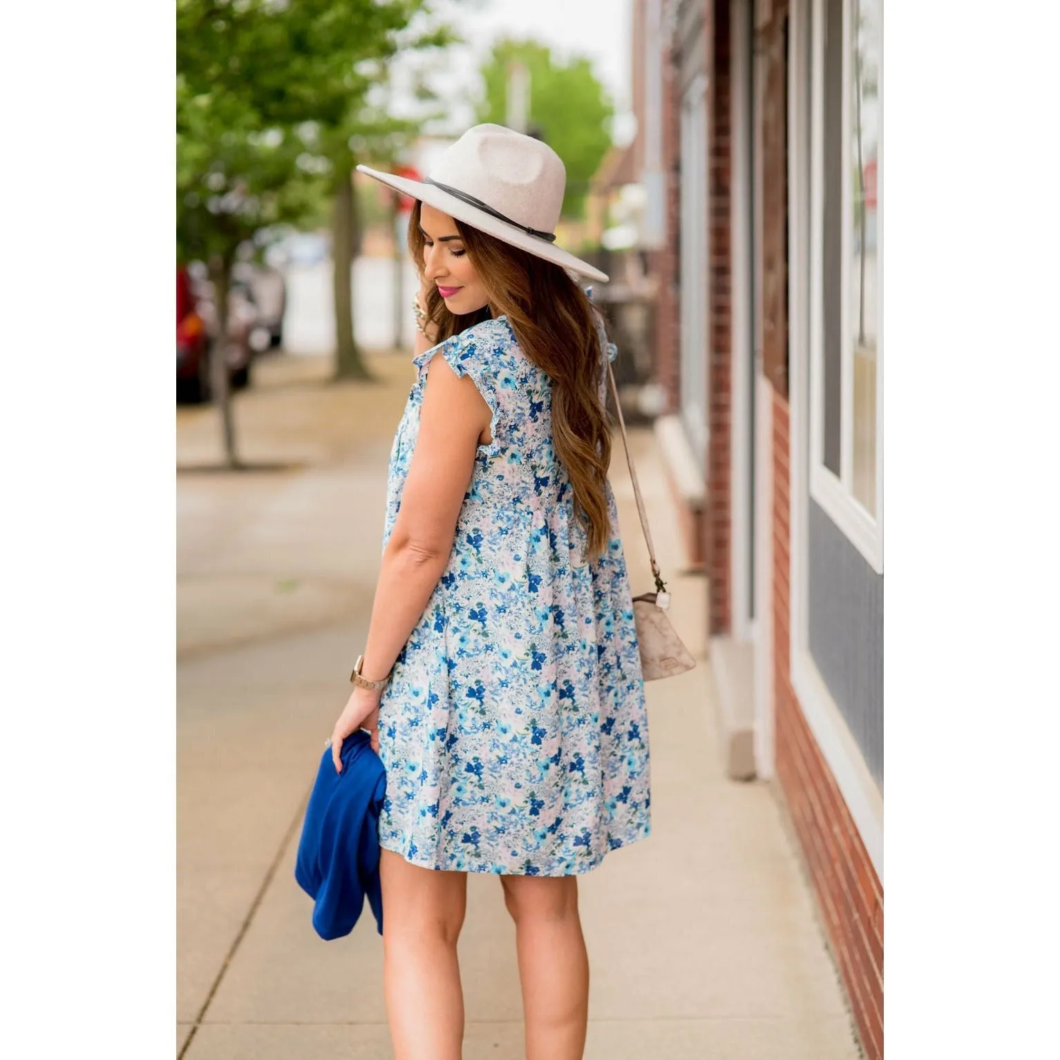 Mixed Sketched Floral Flutter Trim Dress
