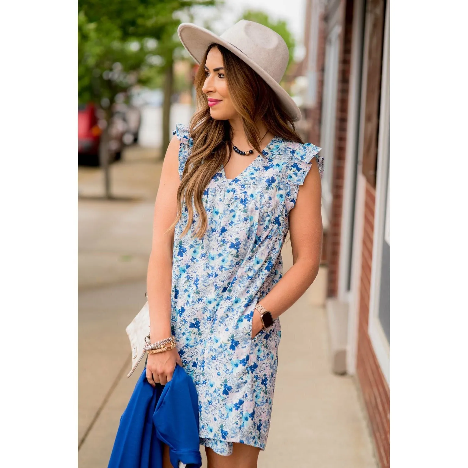 Mixed Sketched Floral Flutter Trim Dress