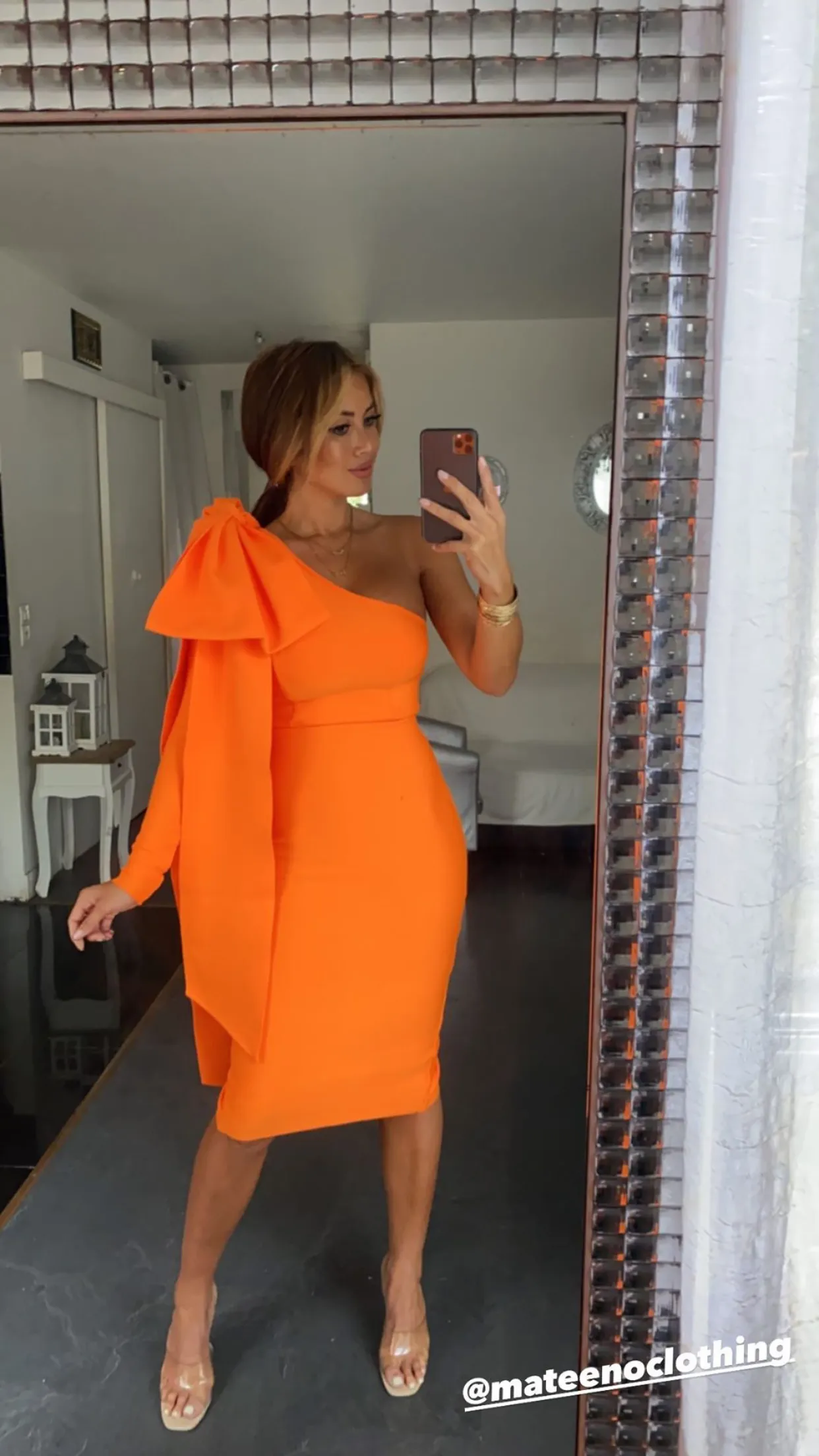 MONROE ORANGE ONE OFF SHOULDER MIDI DRESS
