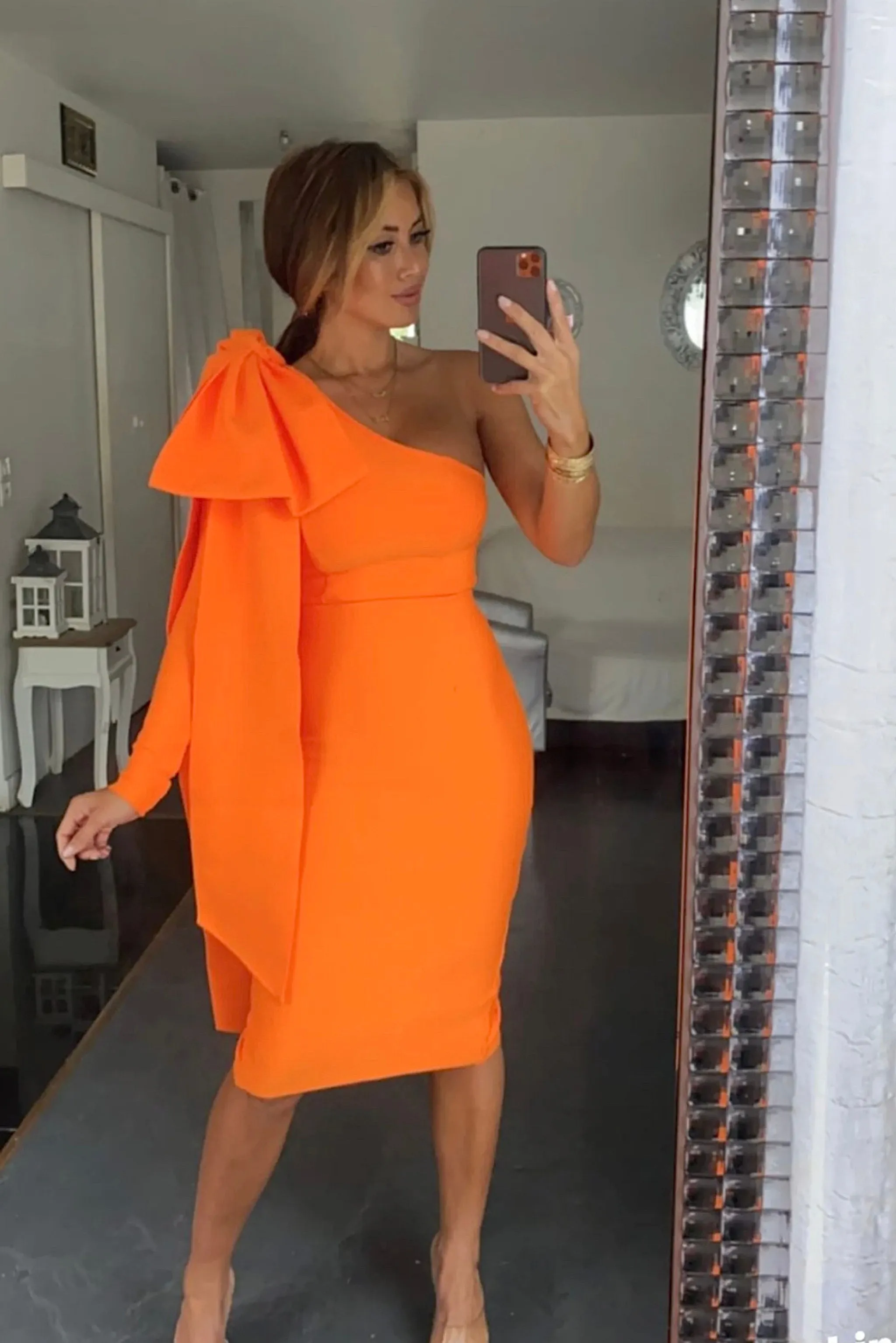 MONROE ORANGE ONE OFF SHOULDER MIDI DRESS
