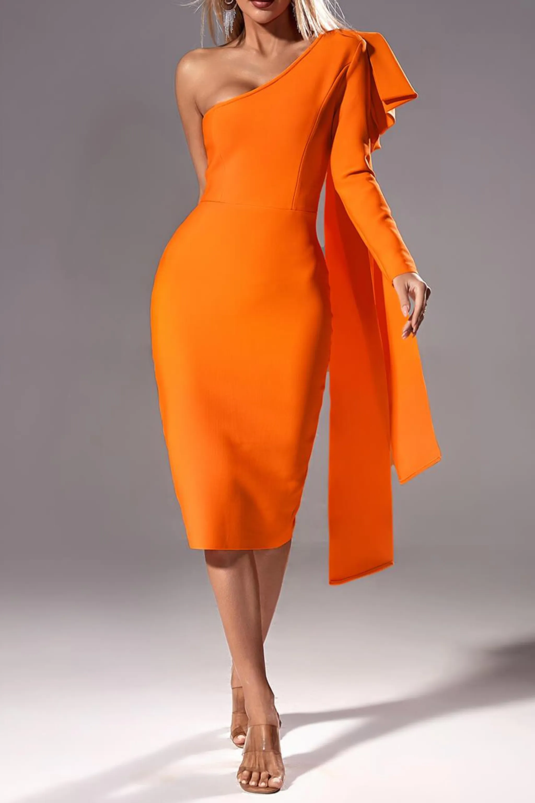 MONROE ORANGE ONE OFF SHOULDER MIDI DRESS