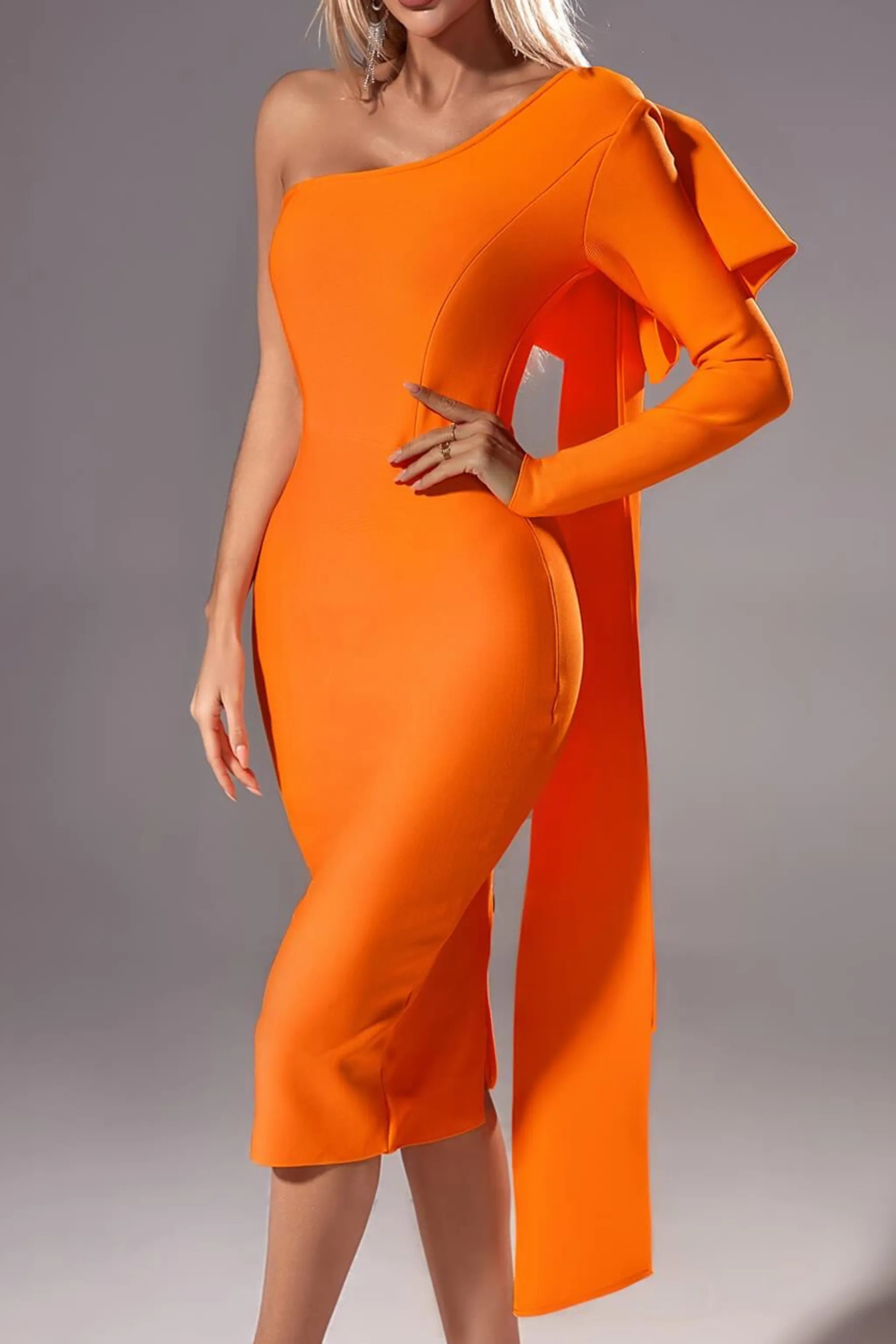MONROE ORANGE ONE OFF SHOULDER MIDI DRESS