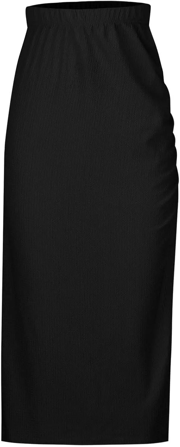 Oplxuo Midi Skirt for Women Summer Casual High Waist Ruched Stretchy Pencil Bodycon Skirt with Slit