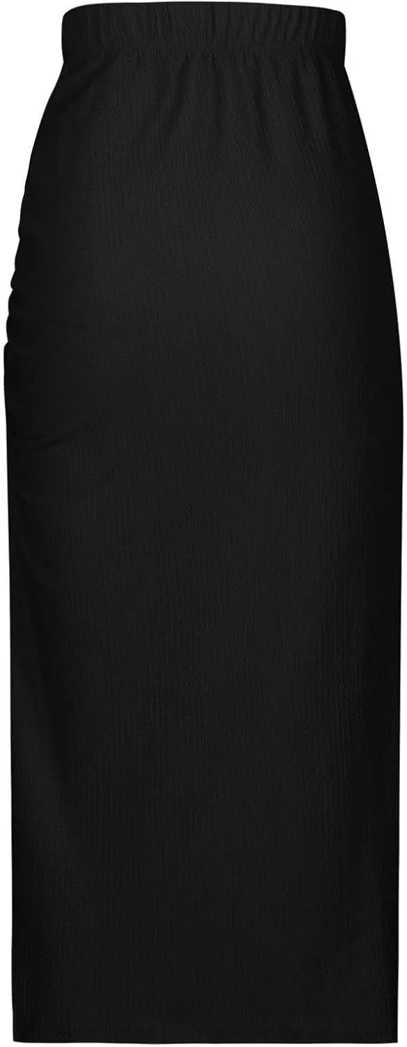 Oplxuo Midi Skirt for Women Summer Casual High Waist Ruched Stretchy Pencil Bodycon Skirt with Slit