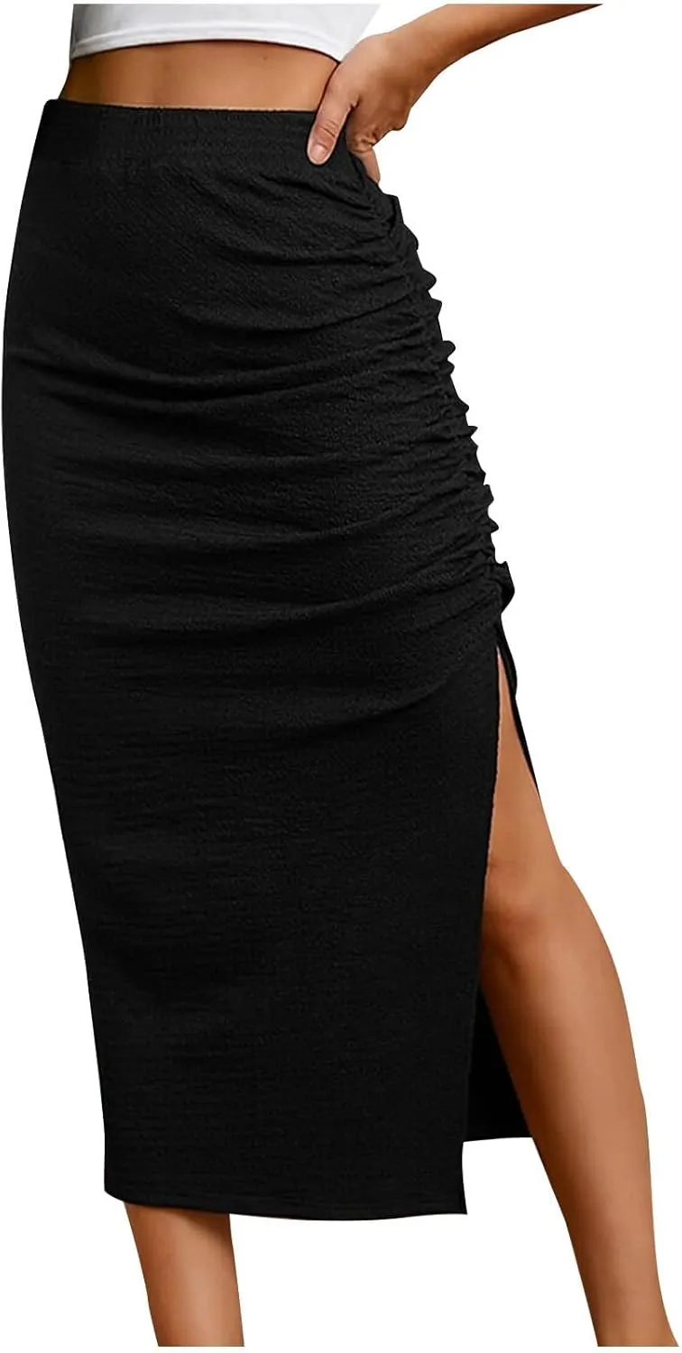 Oplxuo Midi Skirt for Women Summer Casual High Waist Ruched Stretchy Pencil Bodycon Skirt with Slit
