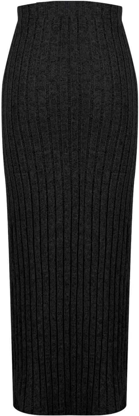 Oplxuo Women's Ribbed Knit Maxi Skirt with Side Slit - Stretchy Work Business Casual Pull-On High Waisted Pencil Skirts