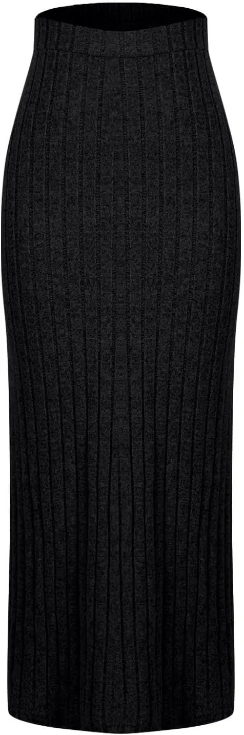 Oplxuo Women's Ribbed Knit Maxi Skirt with Side Slit - Stretchy Work Business Casual Pull-On High Waisted Pencil Skirts