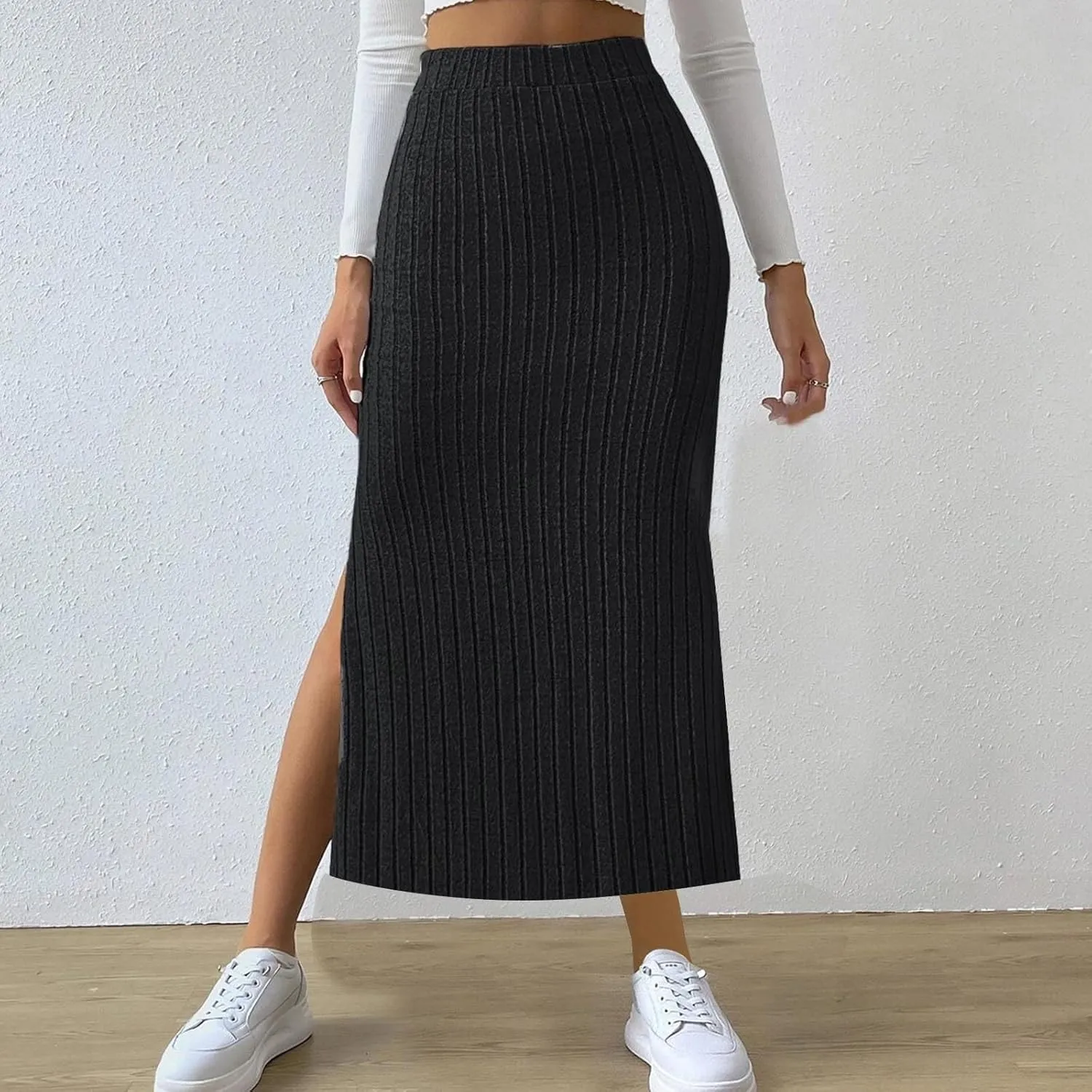 Oplxuo Women's Ribbed Knit Maxi Skirt with Side Slit - Stretchy Work Business Casual Pull-On High Waisted Pencil Skirts