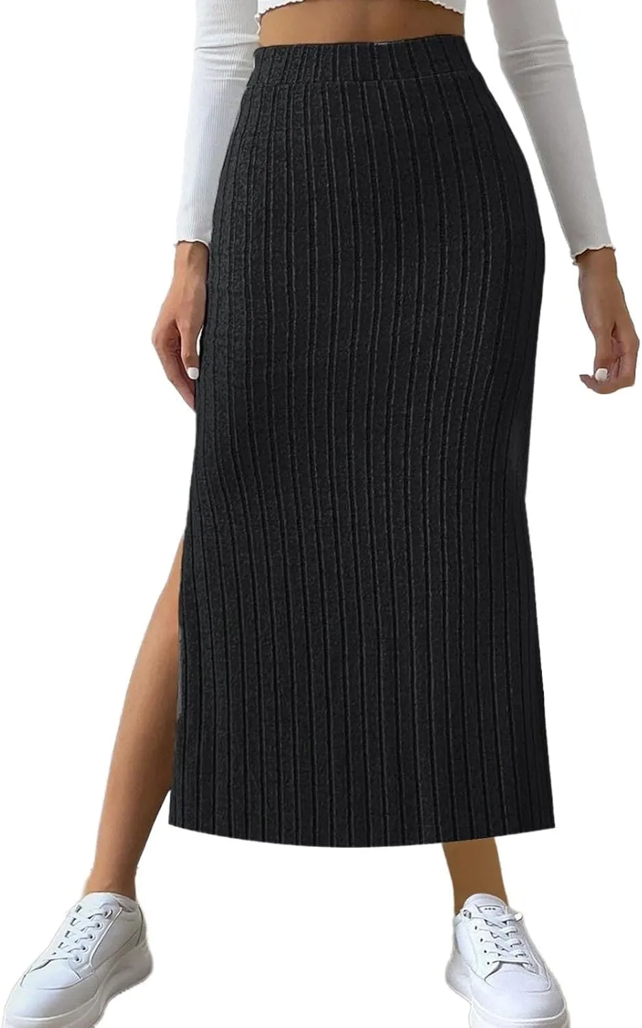 Oplxuo Women's Ribbed Knit Maxi Skirt with Side Slit - Stretchy Work Business Casual Pull-On High Waisted Pencil Skirts