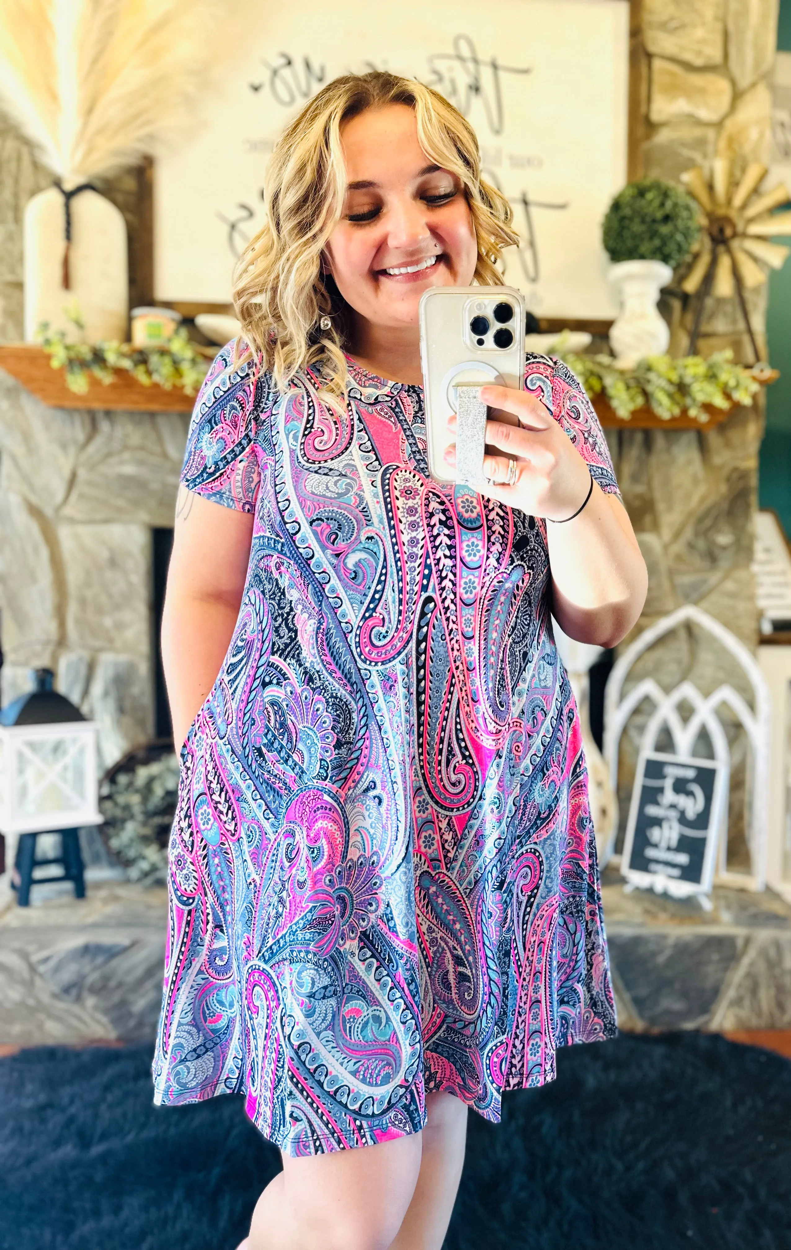 Pink / Blue Paisley Dress With Pockets
