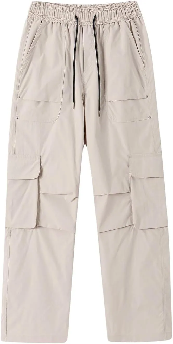 Plus Size Cargo Pants for Men Big and Tall Drawstring Elastic Waist Slacks Baggy Straight Leg Trousers with Pockets