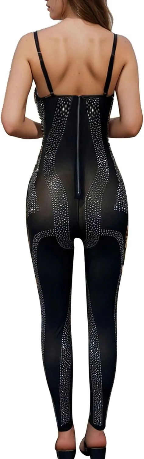 PORRCEY Women Sexy Elegant Rhinestone Mesh See Through Bodycon Jumpsuit Birthday Party Club Night Outfits
