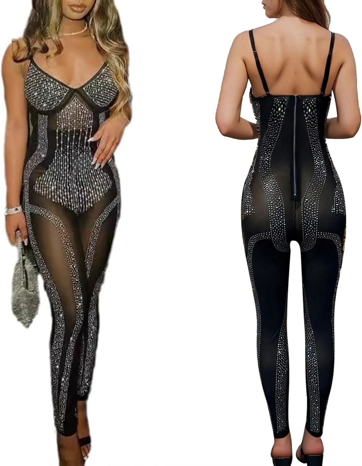 PORRCEY Women Sexy Elegant Rhinestone Mesh See Through Bodycon Jumpsuit Birthday Party Club Night Outfits