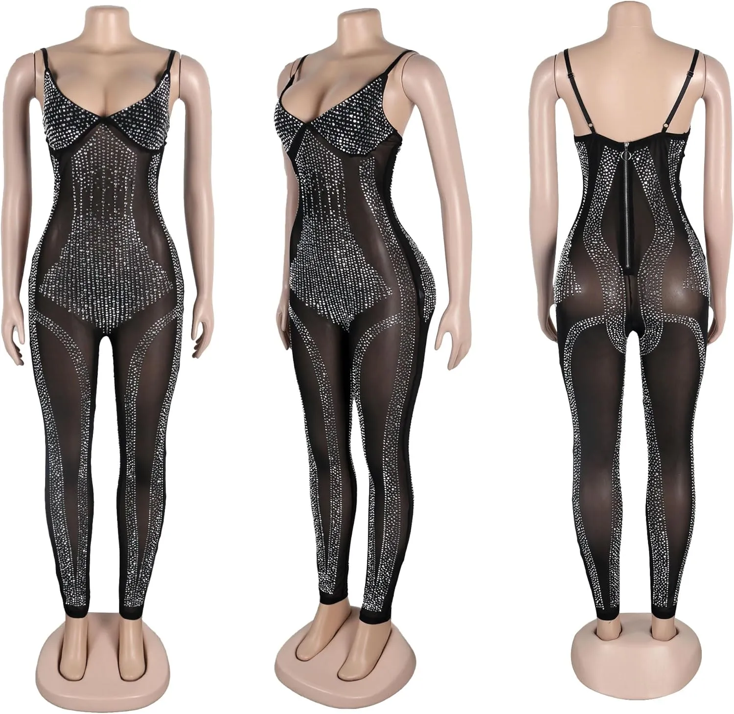 PORRCEY Women Sexy Elegant Rhinestone Mesh See Through Bodycon Jumpsuit Birthday Party Club Night Outfits