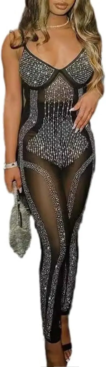 PORRCEY Women Sexy Elegant Rhinestone Mesh See Through Bodycon Jumpsuit Birthday Party Club Night Outfits