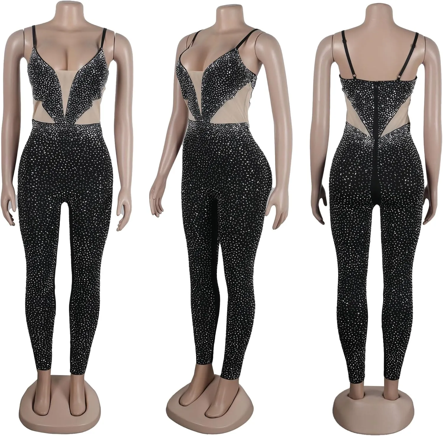 PORRCEY Women Sexy Elegant Rhinestone Mesh See Through Bodycon Jumpsuit Party Club Night Outfits Clubwear