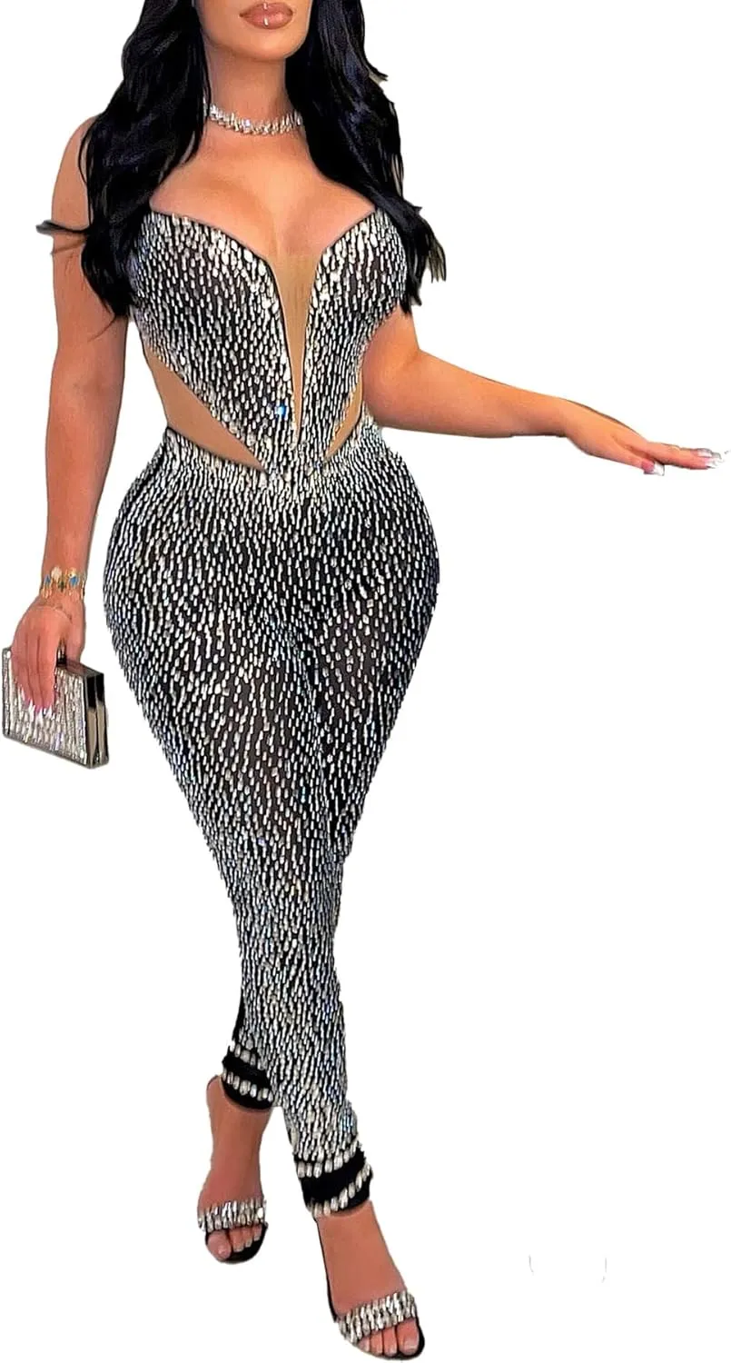 PORRCEY Women Sexy Elegant Rhinestone Mesh See Through Bodycon Jumpsuit Party Club Night Outfits Clubwear