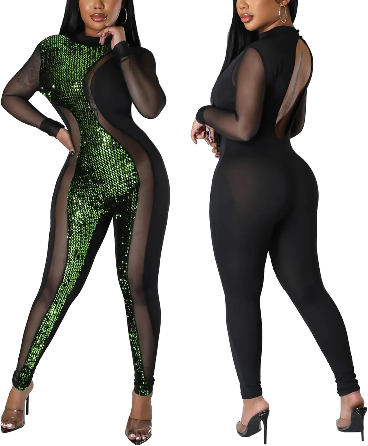 PORRCEY Women Sexy Elegant Sparkly Party Club Night Bodycon Casual Jumpsuits Clubwear Playsuits