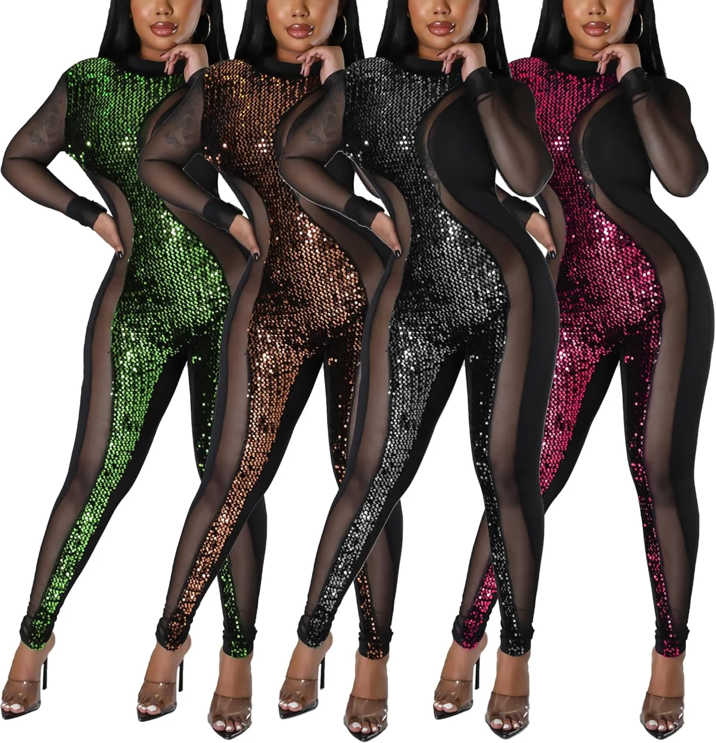 PORRCEY Women Sexy Elegant Sparkly Party Club Night Bodycon Casual Jumpsuits Clubwear Playsuits