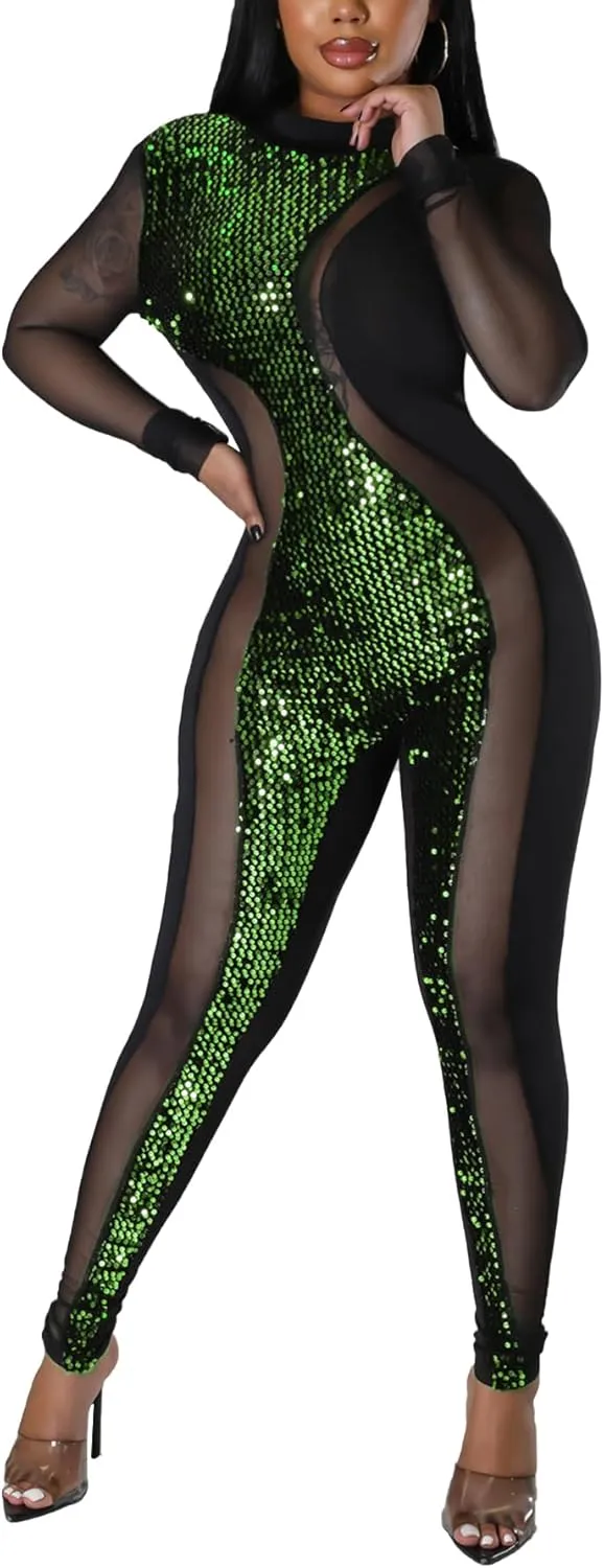 PORRCEY Women Sexy Elegant Sparkly Party Club Night Bodycon Casual Jumpsuits Clubwear Playsuits