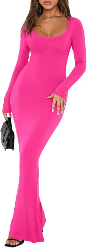 REORIA Womens Basic Sexy Square Neck Long Sleeve Soft Lounge Long Dress Fall Casual Ribbed Bodycon Maxi Dresses