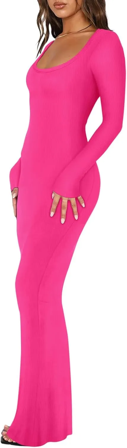 REORIA Womens Basic Sexy Square Neck Long Sleeve Soft Lounge Long Dress Fall Casual Ribbed Bodycon Maxi Dresses
