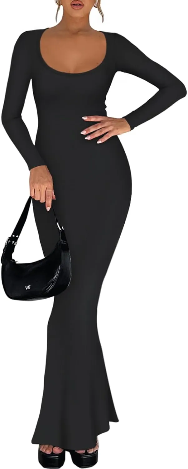 REORIA Womens Basic Sexy Square Neck Long Sleeve Soft Lounge Long Dress Fall Casual Ribbed Bodycon Maxi Dresses