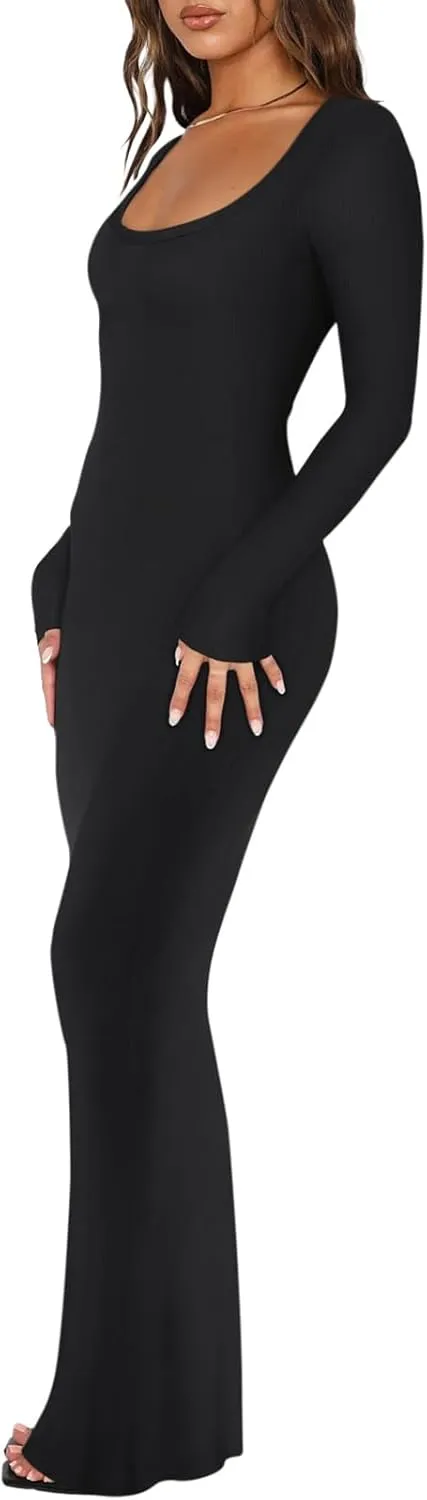 REORIA Womens Basic Sexy Square Neck Long Sleeve Soft Lounge Long Dress Fall Casual Ribbed Bodycon Maxi Dresses