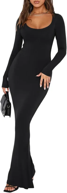 REORIA Womens Basic Sexy Square Neck Long Sleeve Soft Lounge Long Dress Fall Casual Ribbed Bodycon Maxi Dresses