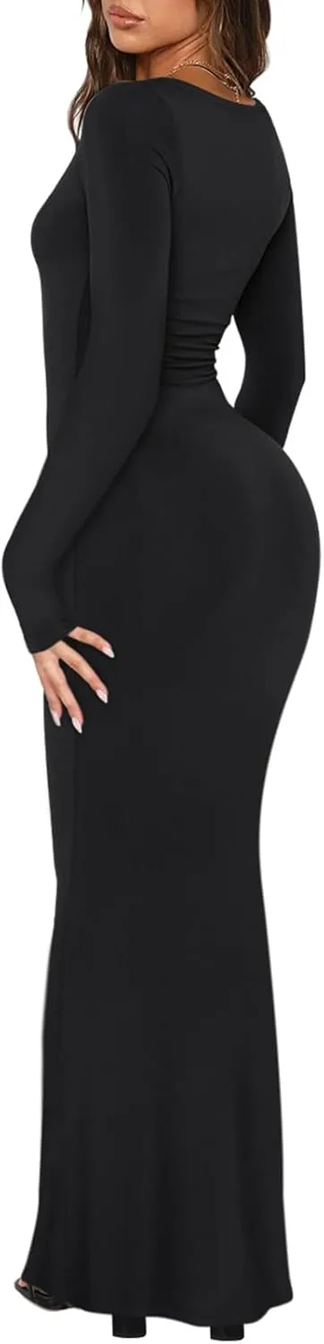 REORIA Womens Basic Sexy Square Neck Long Sleeve Soft Lounge Long Dress Fall Casual Ribbed Bodycon Maxi Dresses