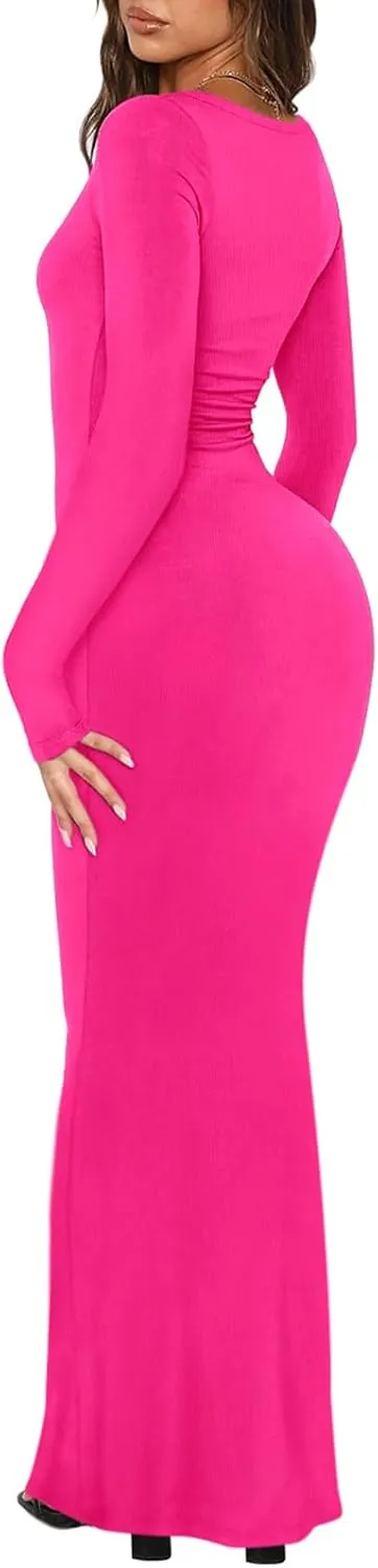 REORIA Womens Basic Sexy Square Neck Long Sleeve Soft Lounge Long Dress Fall Casual Ribbed Bodycon Maxi Dresses