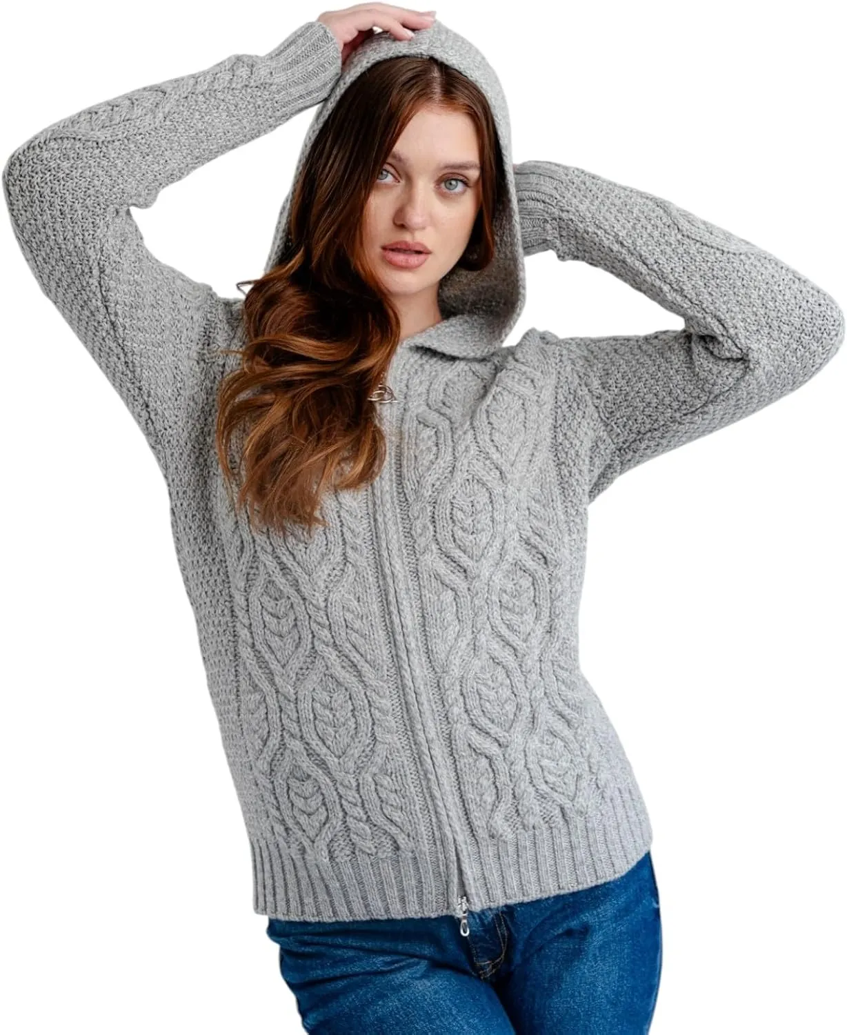 SAOL Womens Hooded Zip Cardigan  Pure Merino Wool Irish Sweater  Warm & Breathable Outer Layer