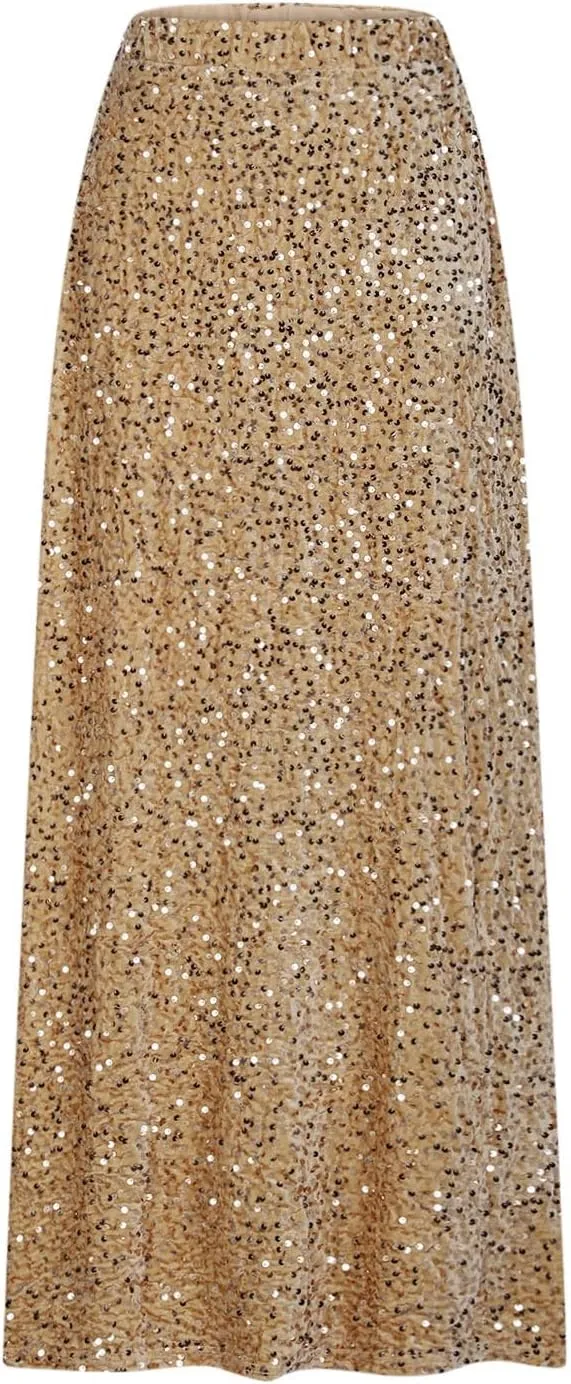 Sequin Party Maxi Skirts for Women High Waisted Plus Size Stretchy Sparkly Skirt Elegant Cocktail Dress