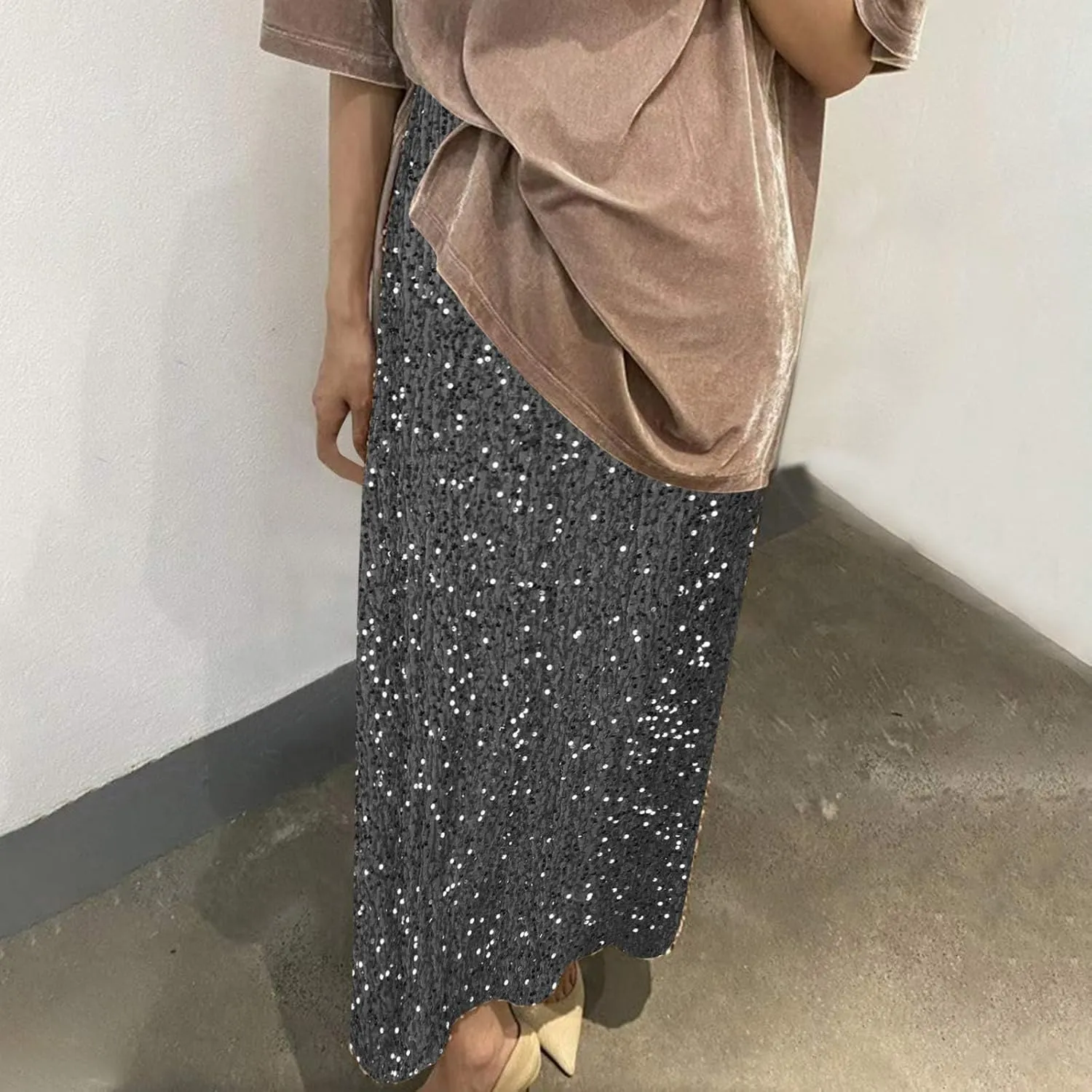 Sequin Party Maxi Skirts for Women High Waisted Plus Size Stretchy Sparkly Skirt Elegant Cocktail Dress