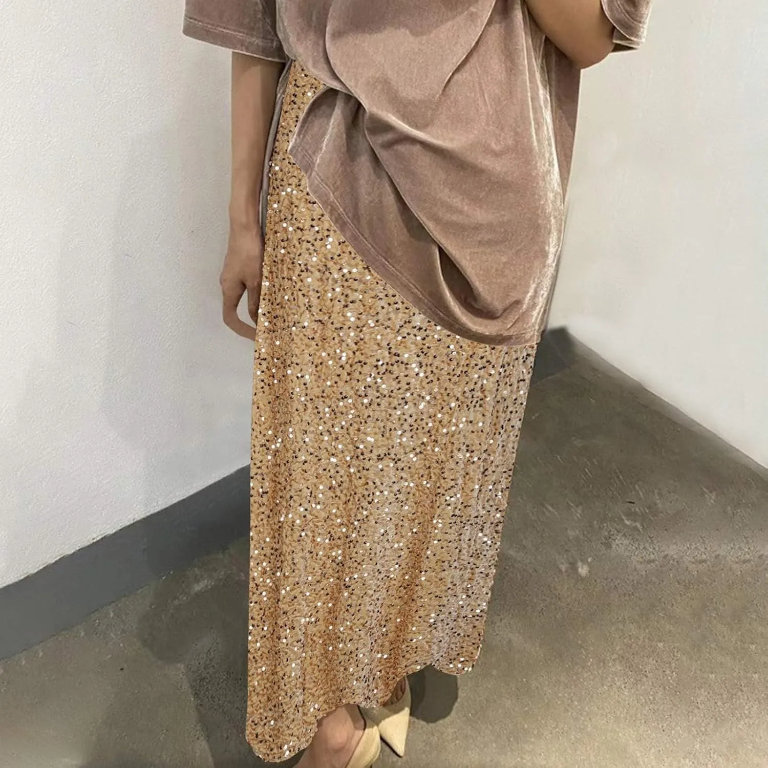 Sequin Party Maxi Skirts for Women High Waisted Plus Size Stretchy Sparkly Skirt Elegant Cocktail Dress