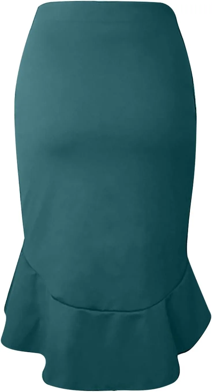SERYU Women's High Waist Stretchy Ruffle Hem Fishtail Bodycon Midi Pencil Skirt