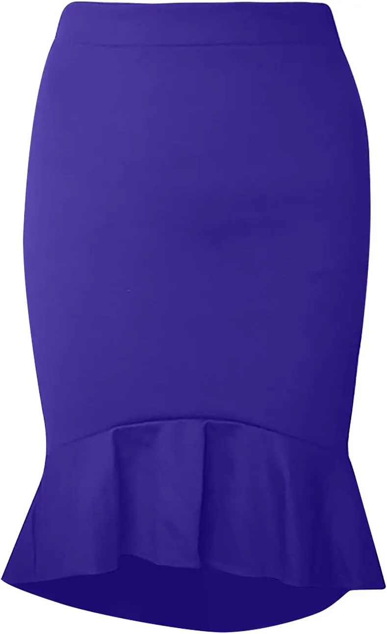 SERYU Women's High Waist Stretchy Ruffle Hem Fishtail Bodycon Midi Pencil Skirt