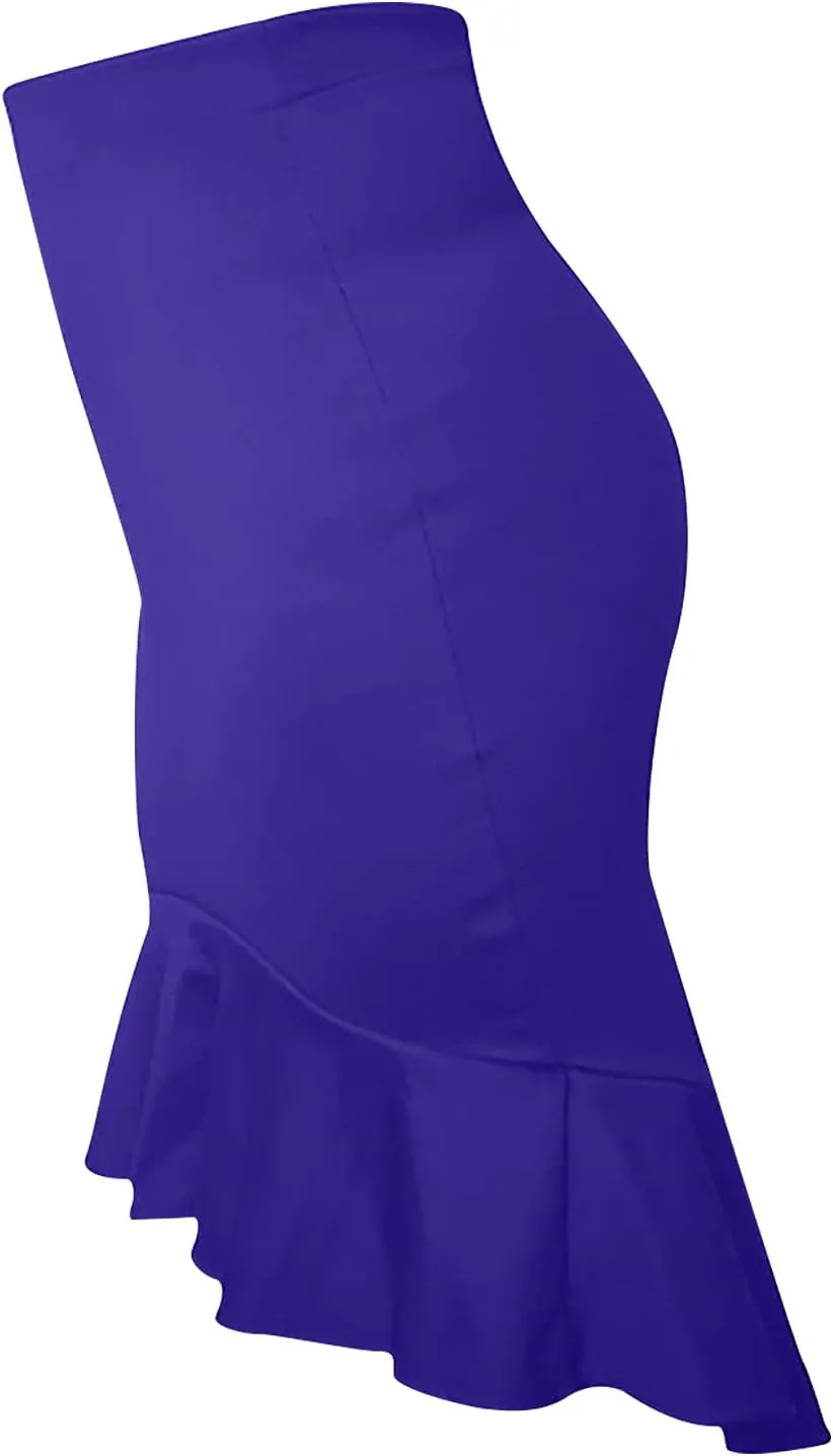 SERYU Women's High Waist Stretchy Ruffle Hem Fishtail Bodycon Midi Pencil Skirt