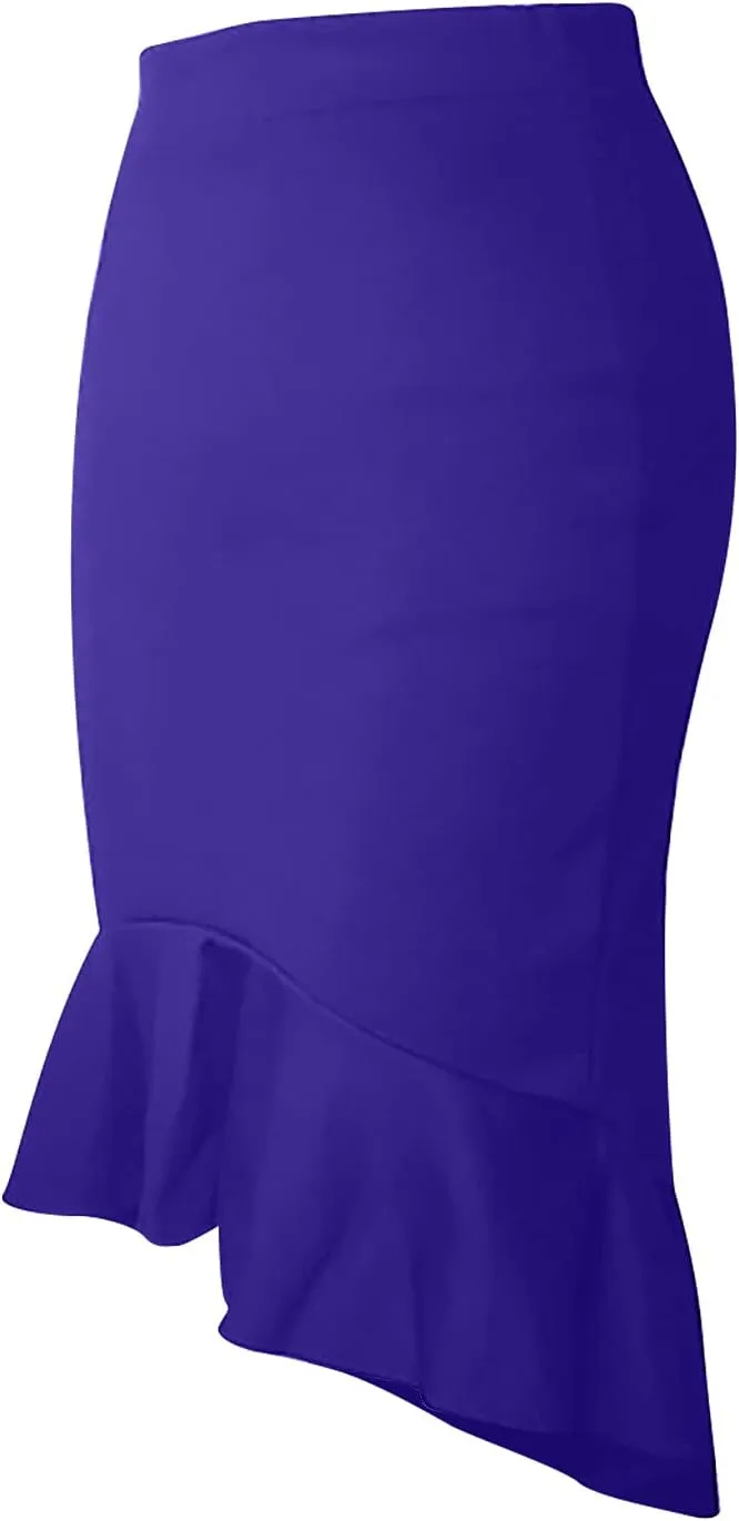SERYU Women's High Waist Stretchy Ruffle Hem Fishtail Bodycon Midi Pencil Skirt