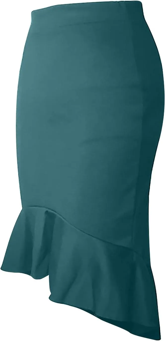 SERYU Women's High Waist Stretchy Ruffle Hem Fishtail Bodycon Midi Pencil Skirt