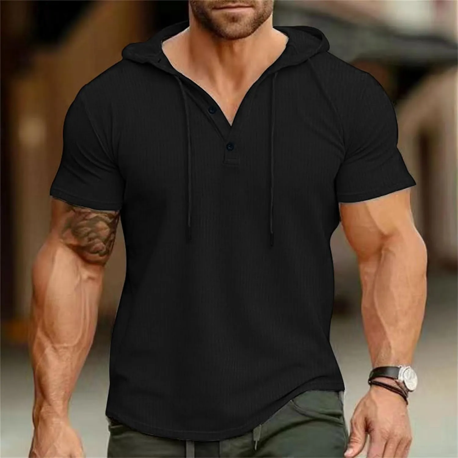 Short Sleeve Hoodie Men Workout Casual Loose Fit Gym Pullover Tshirts Button Up Summer Lightweight Training Work Tees